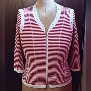 Lightweight Red and White Striped Zippered Top Jacket with silver beading detail